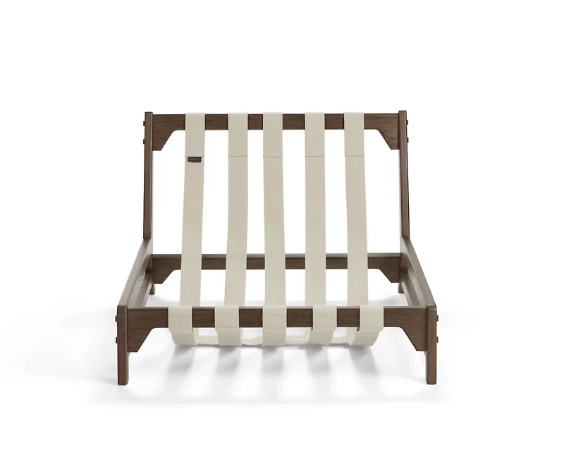 PillowSac Accent Chair Frame: Brown Wood, Tan Webbing & Gunmetal Hardware