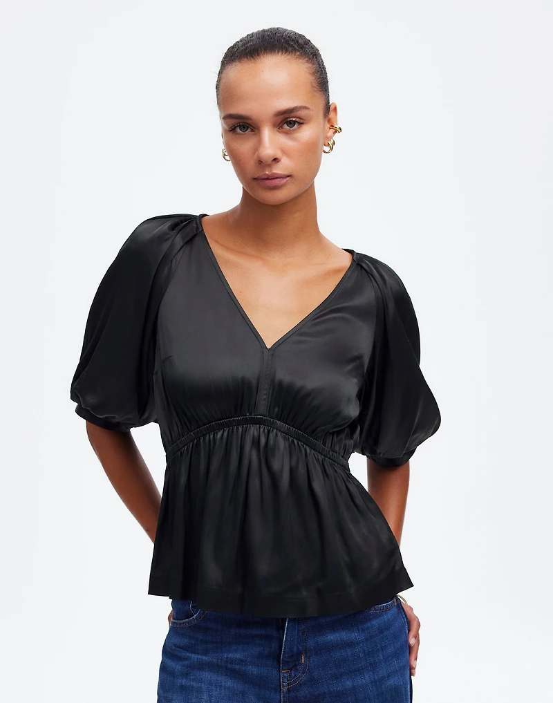 Shirred Puff-Sleeve Top Satin | Madewell