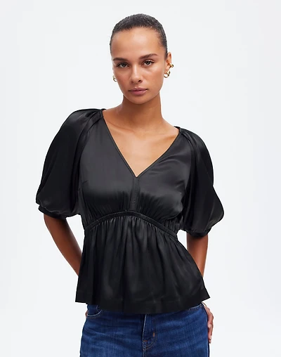 Shirred Puff-Sleeve Top Satin | Madewell