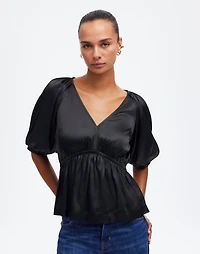 Shirred Puff-Sleeve Top Satin | Madewell