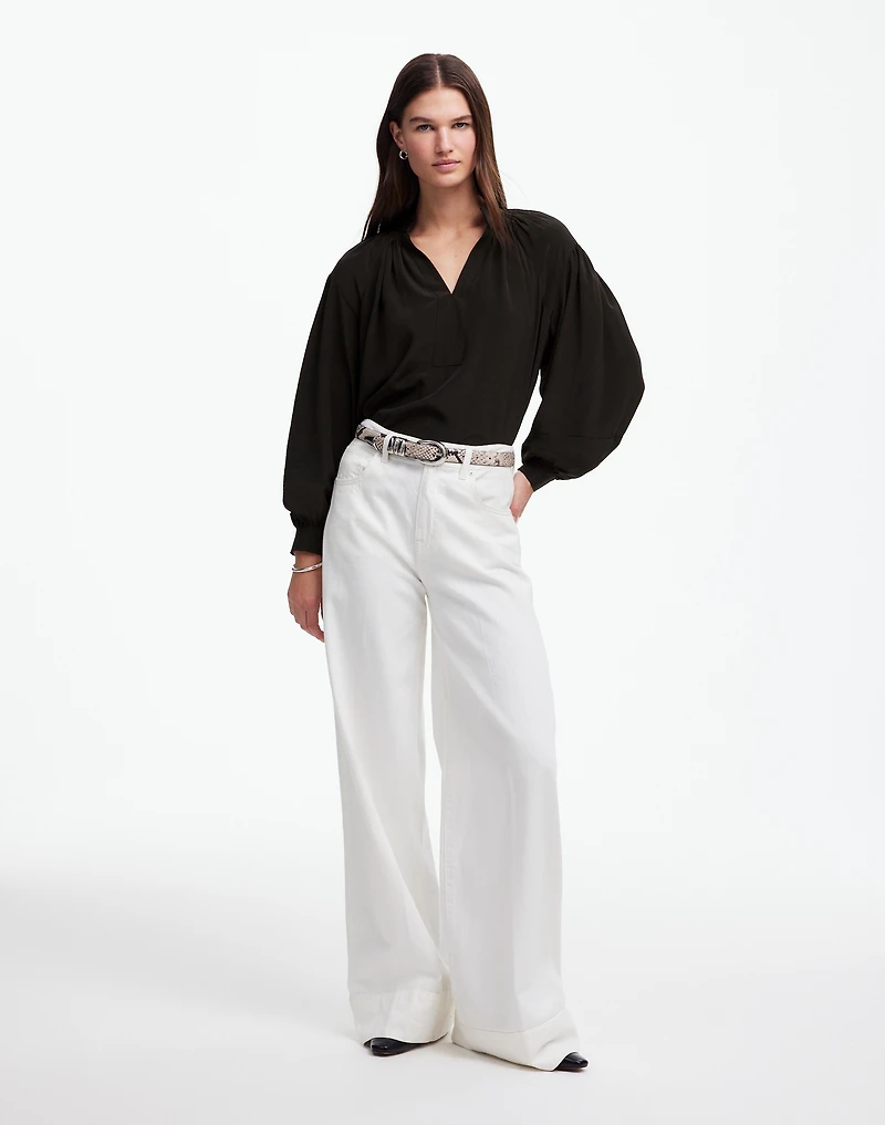 Shirred Long-Sleeve Top in Silk