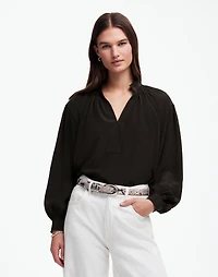 Shirred Long-Sleeve Top in Silk