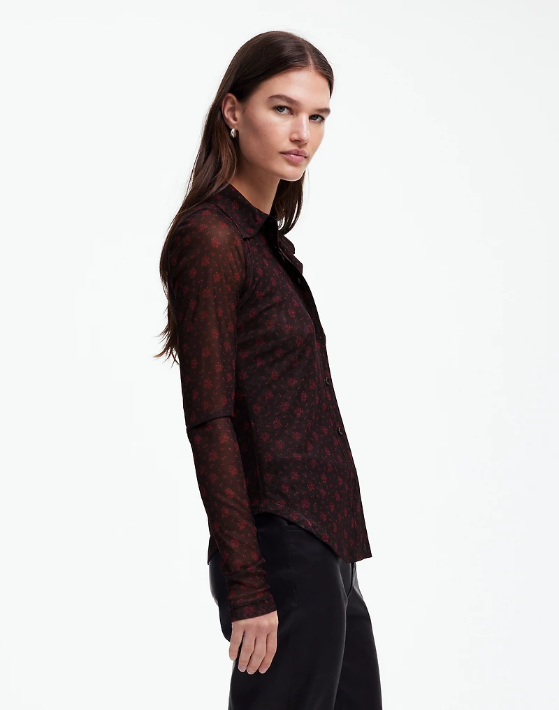 Long-Sleeve Button-Front Top in Floral Mesh | Madewell