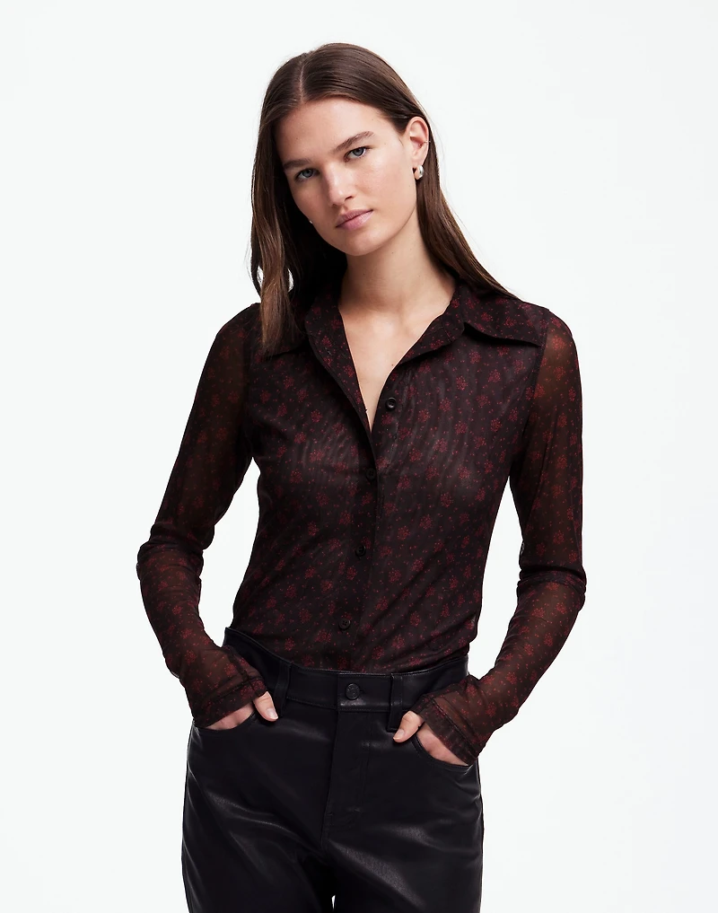 Long-Sleeve Button-Front Top in Floral Mesh | Madewell
