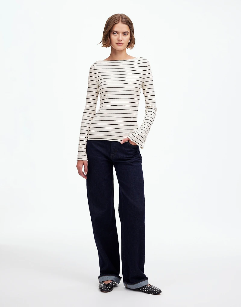 Ribbed Long-Sleeve Boatneck Top in Stripe | Madewell