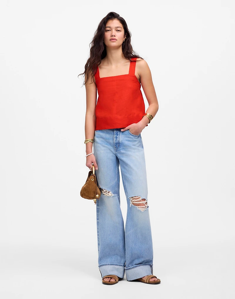 Contrast-Stitch Squareneck Top 100% Linen | Madewell