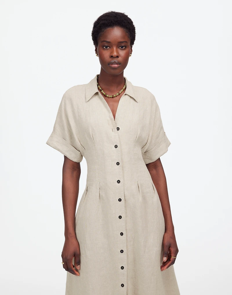 Pleated Midi Shirtdress in 100% Linen