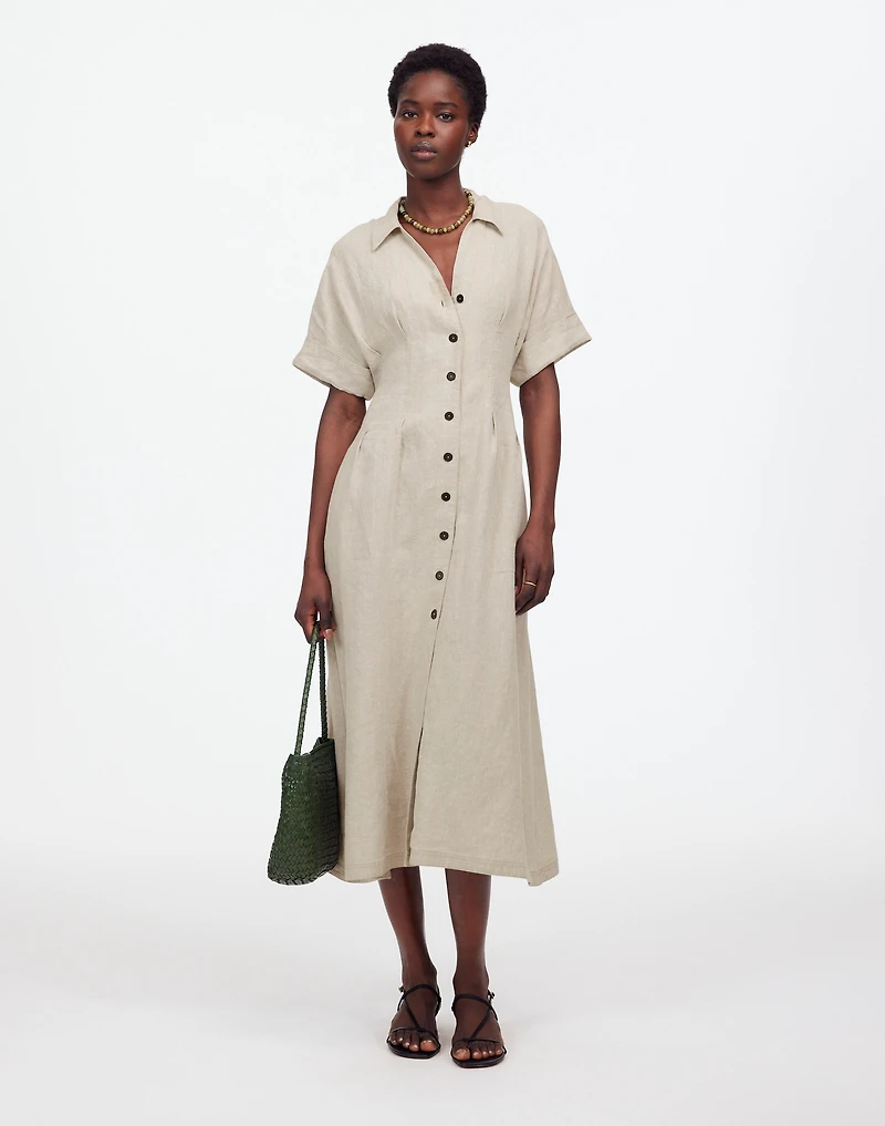 Petite Pleated Button-Front Midi Shirtdress in 100% Linen | Madewell