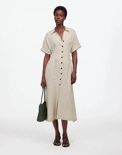 Petite Pleated Button-Front Midi Shirtdress in 100% Linen | Madewell