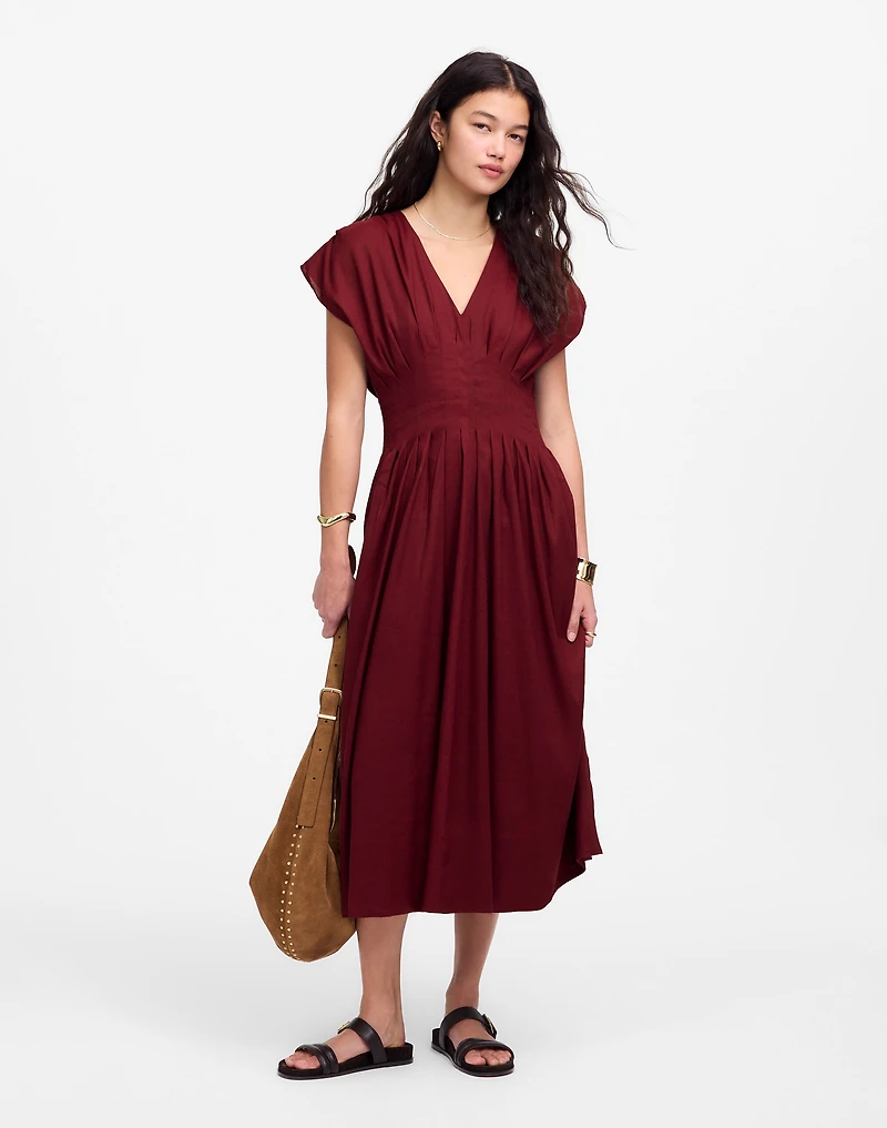 Pleated V-Neck Midi Dress | Madewell
