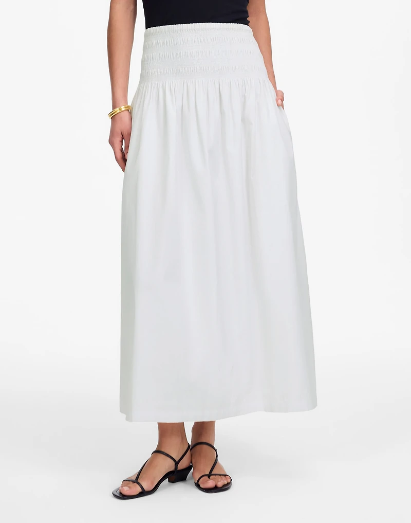 Smocked-Waist Poplin Midi Skirt