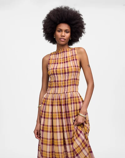 Smocked Boatneck Maxi Dress Plaid Seersucker | Madewell