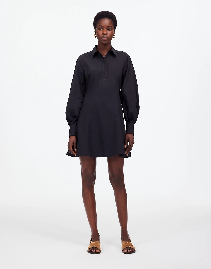 Seamed Long-Sleeve Mini Shirtdress in Poplin