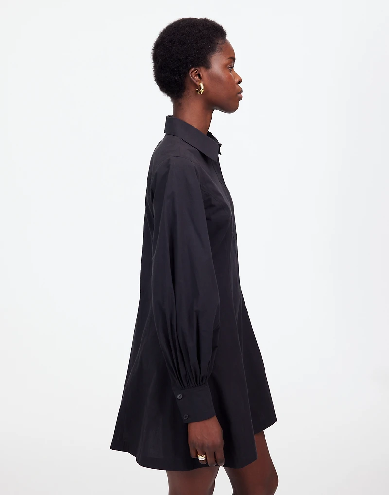 Seamed Long-Sleeve Mini Shirtdress in Poplin