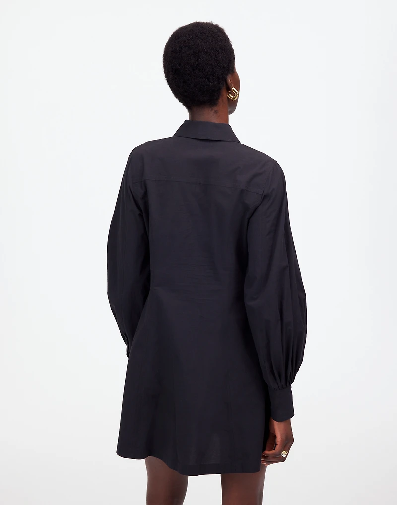 Seamed Long-Sleeve Mini Shirtdress in Poplin