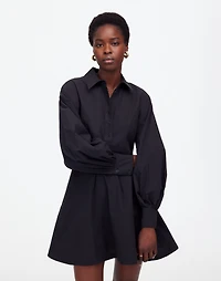 Seamed Long-Sleeve Mini Shirtdress in Poplin