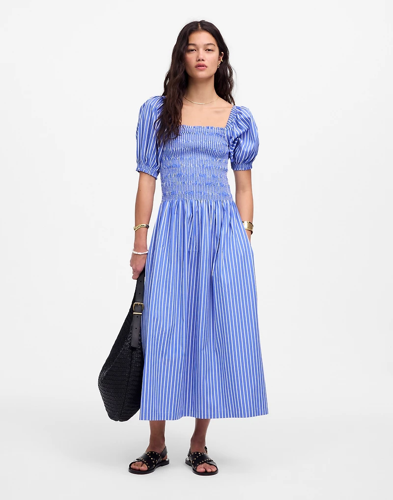Smocked Puff Sleeve Midi Dress in Poplin | Madewell
