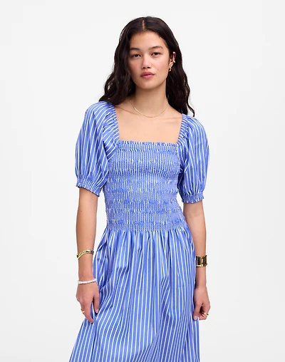 Smocked Puff Sleeve Midi Dress in Poplin | Madewell