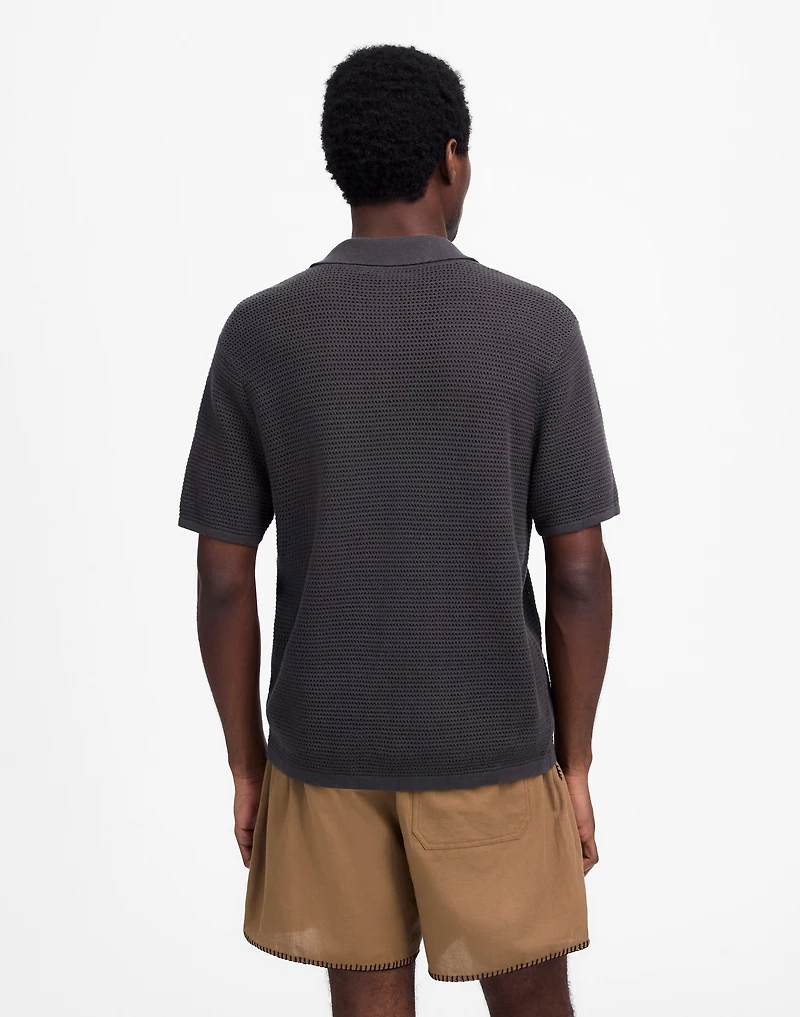 Open-Stitch Button-Up Sweater Polo