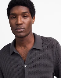 Open-Stitch Button-Up Sweater Polo