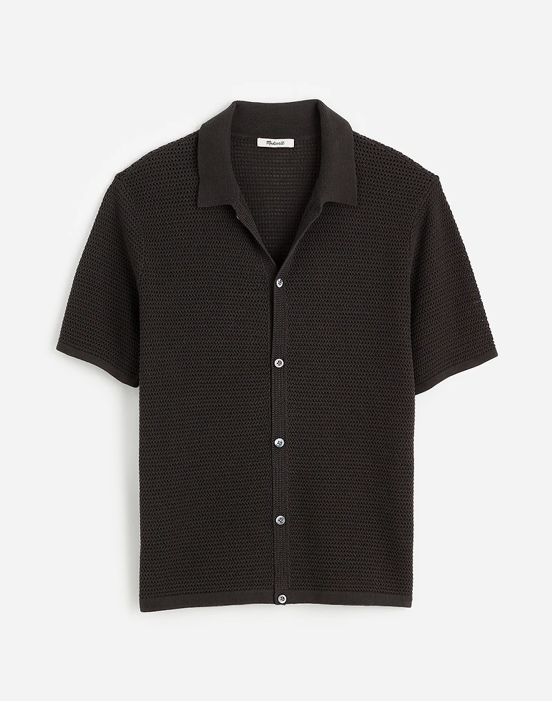 Open-Stitch Button-Up Sweater Polo
