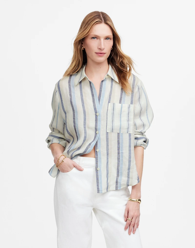 Linen Easy Y-Neck Button-Up Shirt Mixed Stripe | Madewell