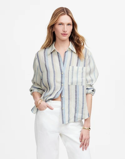 Linen Easy Y-Neck Button-Up Shirt Mixed Stripe | Madewell