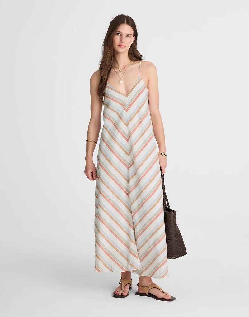 Striped V-Neck Midi Dress 100% Linen | Madewell