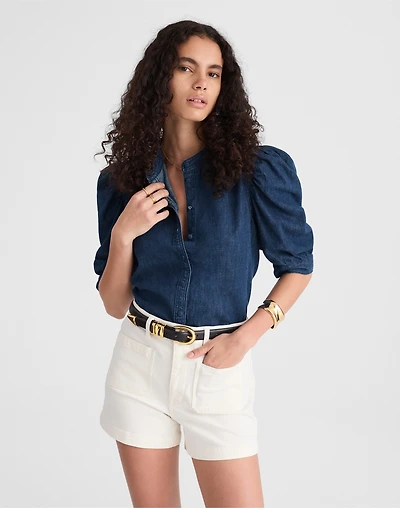 Denim Puff-Sleeve Band-Collar Shirt | Madewell