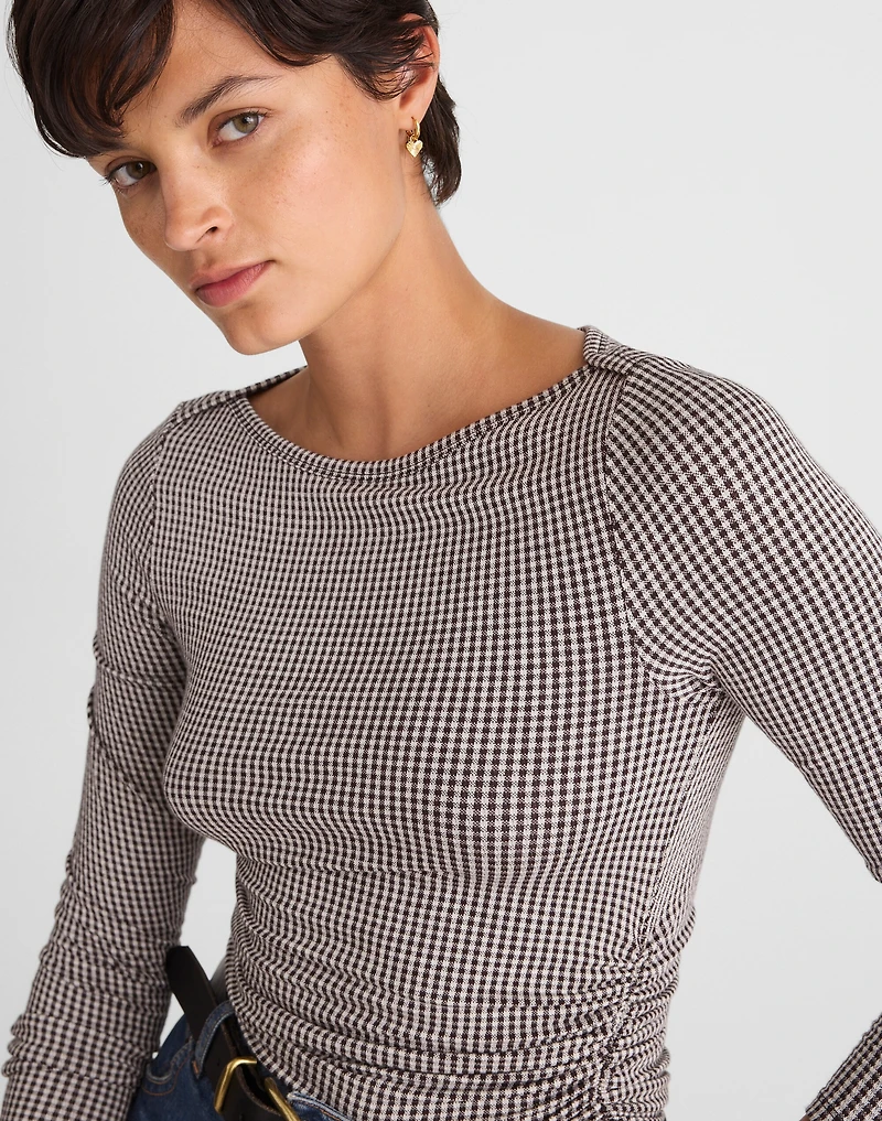 Ruched Crewneck Long-Sleeve Tee Check Jacquard | Madewell
