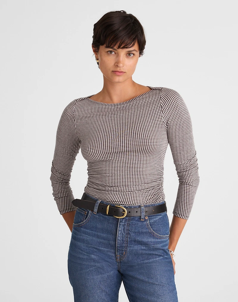 Ruched Crewneck Long-Sleeve Tee Check Jacquard | Madewell