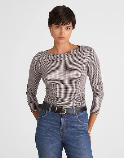 Ruched Crewneck Long-Sleeve Tee Check Jacquard | Madewell