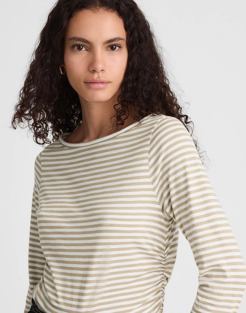 Striped Ruched Crewneck Long-Sleeve Tee in 100% Cotton | Madewell