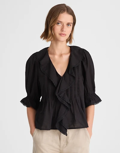 Pintucked Ruffled Puff-Sleeve Top