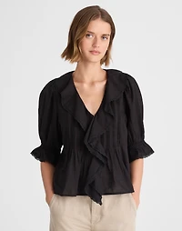 Pintucked Ruffled Puff-Sleeve Top