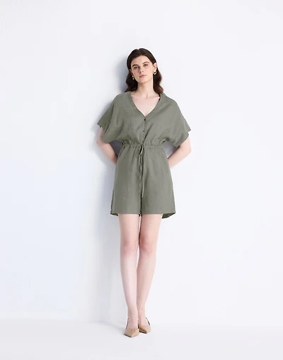 Reistor® V neck Drawstring Dark Green Romper 100% Hemp | Madewell