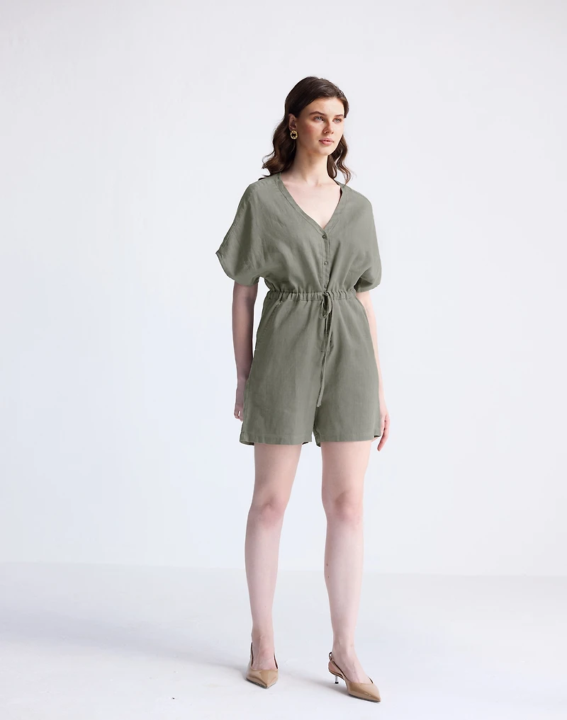 Reistor® V neck Drawstring Dark Green Romper 100% Hemp | Madewell