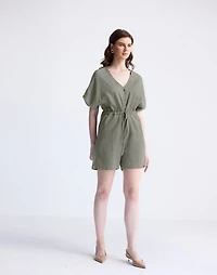 Reistor® V neck Drawstring Dark Green Romper 100% Hemp | Madewell