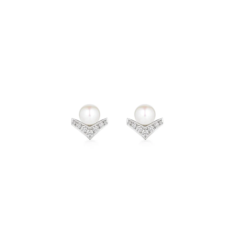 Josephine Aigrette White Gold, Pearl and Diamond Pavé Stud Earrings