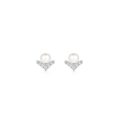 Josephine Aigrette White Gold, Pearl and Diamond Pavé Stud Earrings