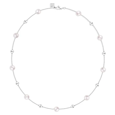 Sterling Silver Bead and Freshwater Pearl Station Necklace
