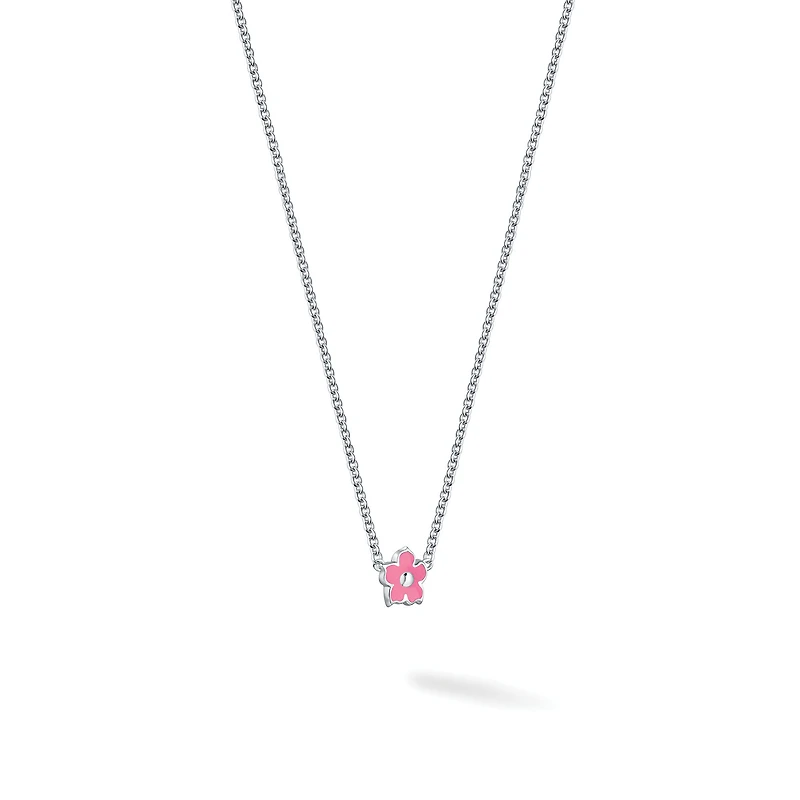 Pink Enamel and Silver Flower Pendant for Kids