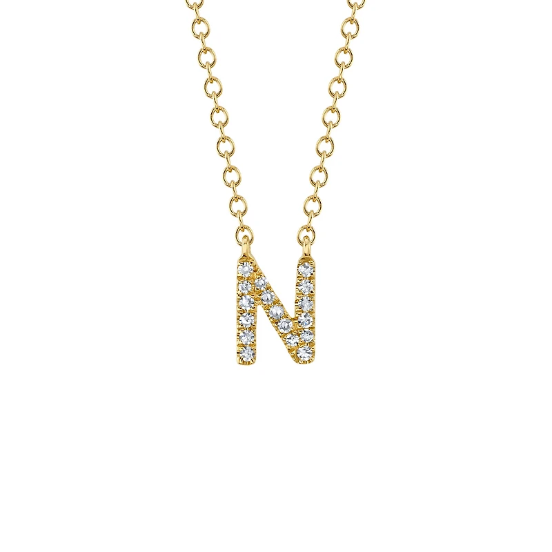 Initials Yellow Gold and Diamond Pavé Letter N Necklace