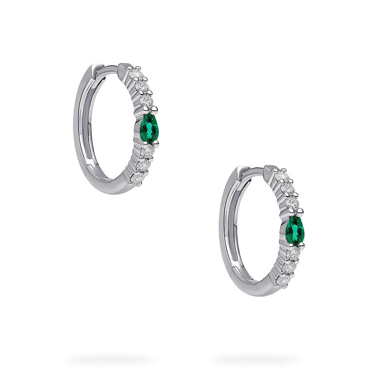 White Gold Emerald and Diamond Hoop Earrings