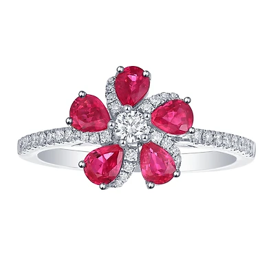 Ruby and Diamond Flower Ring in White Gold
