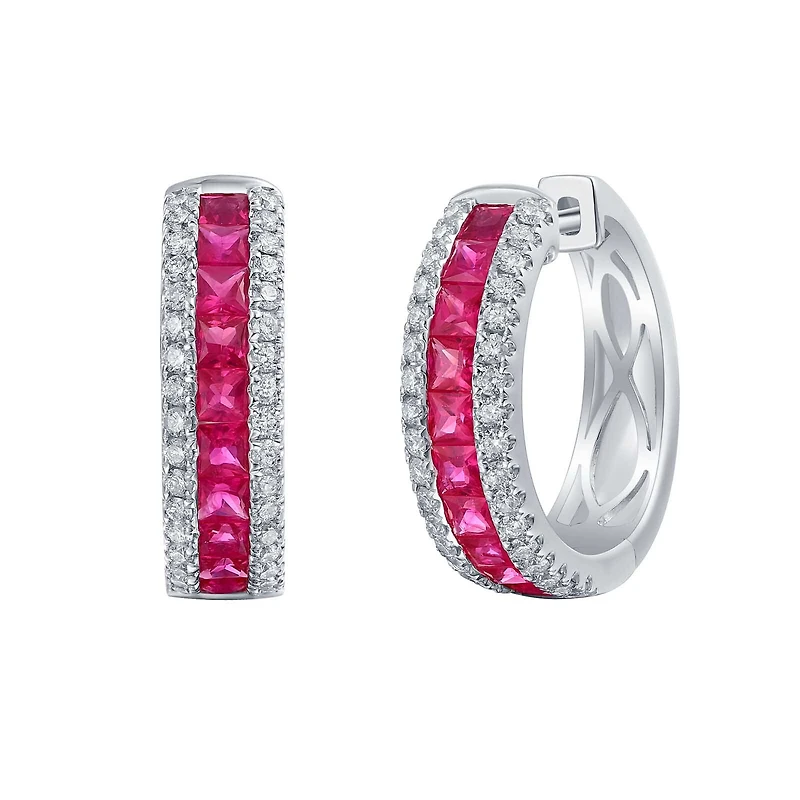 Ruby and Diamond Hoop Earrings in White Gold