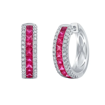 Ruby and Diamond Hoop Earrings in White Gold
