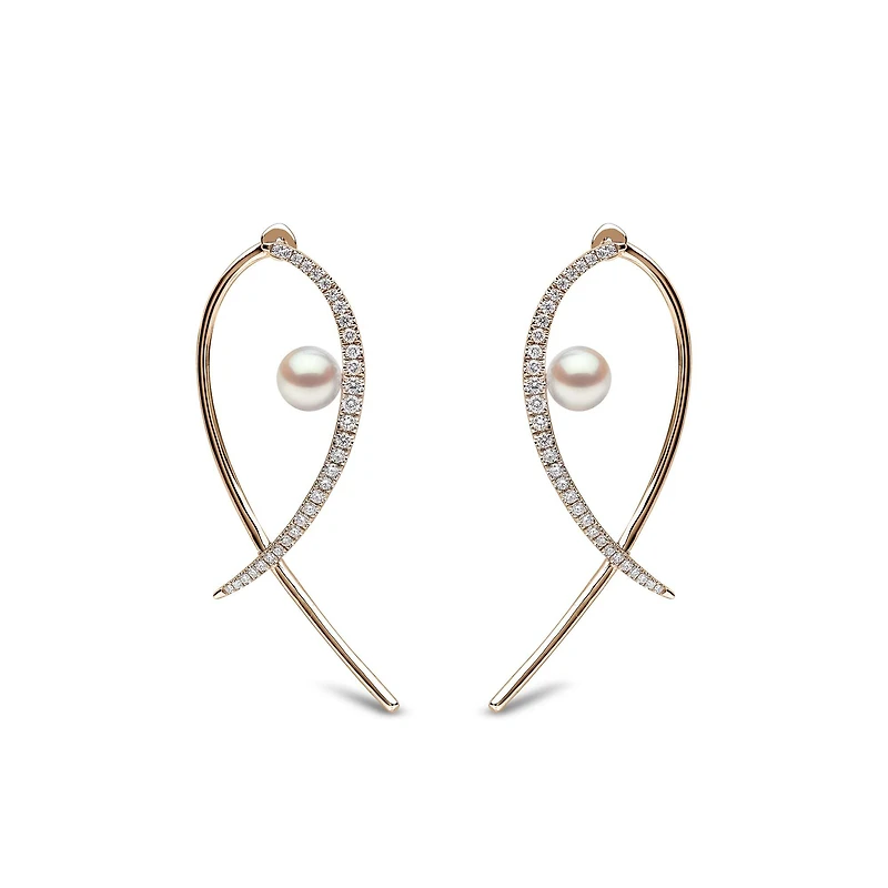 Sleek Yellow Gold Pearl and Diamond Earrings