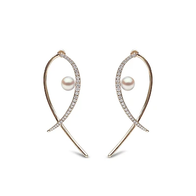 Sleek Yellow Gold Pearl and Diamond Earrings