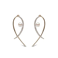 Sleek Yellow Gold Pearl and Diamond Earrings